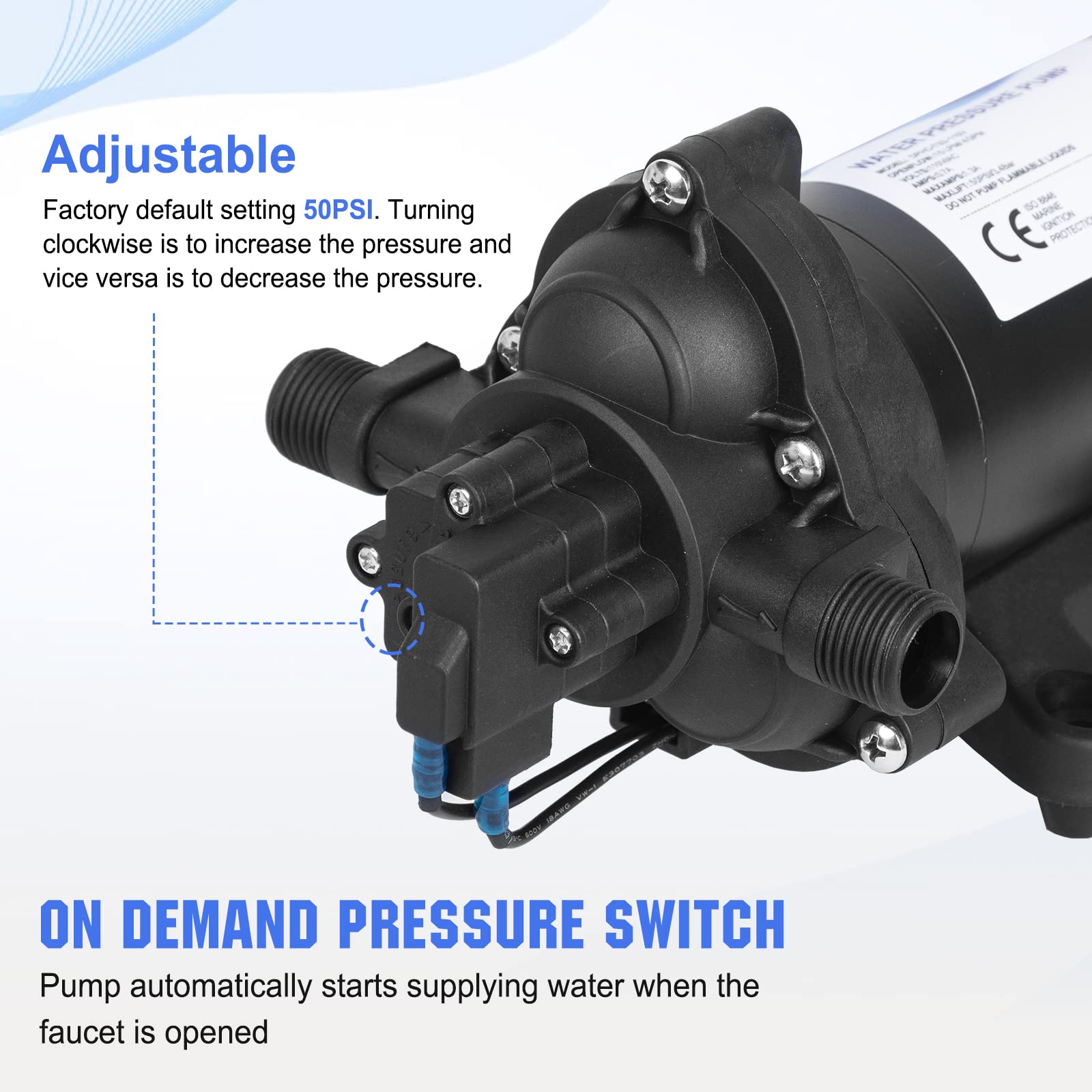 ECO-WORTHY 33-Series pump top panel highlights smart pressure switch.