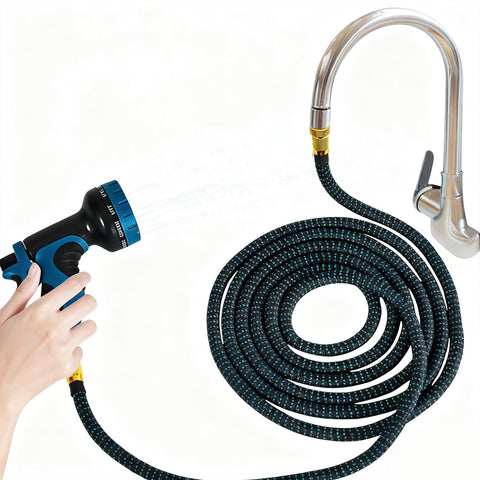Ecoaterui 50 ft faucet hose attached to indoor sink for versatile cleaning