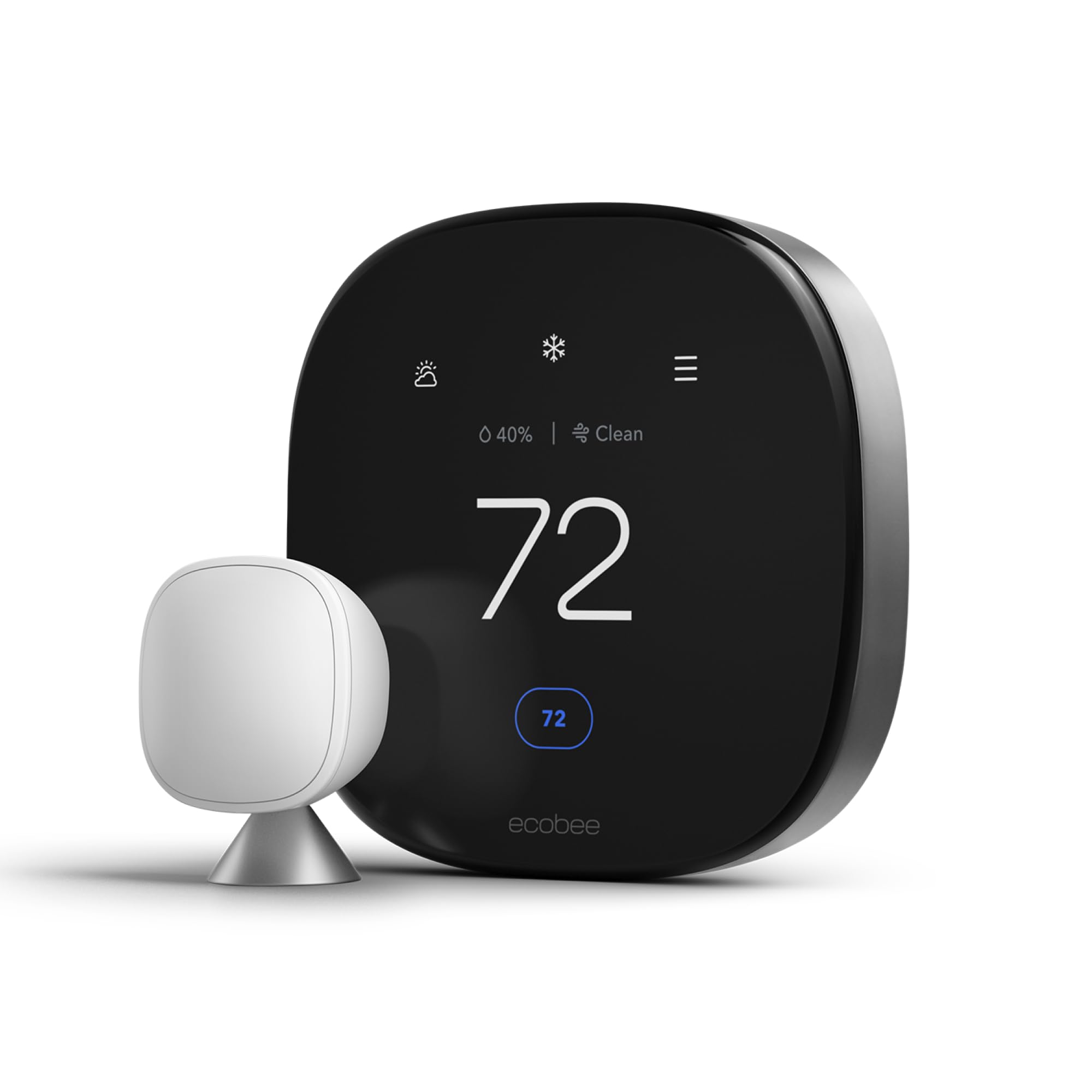 ecobee Smart Thermostat Premium front display shows temperature and energy insights.