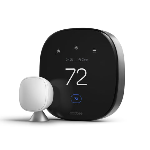 ecobee Smart Thermostat Premium front display shows temperature and energy insights.