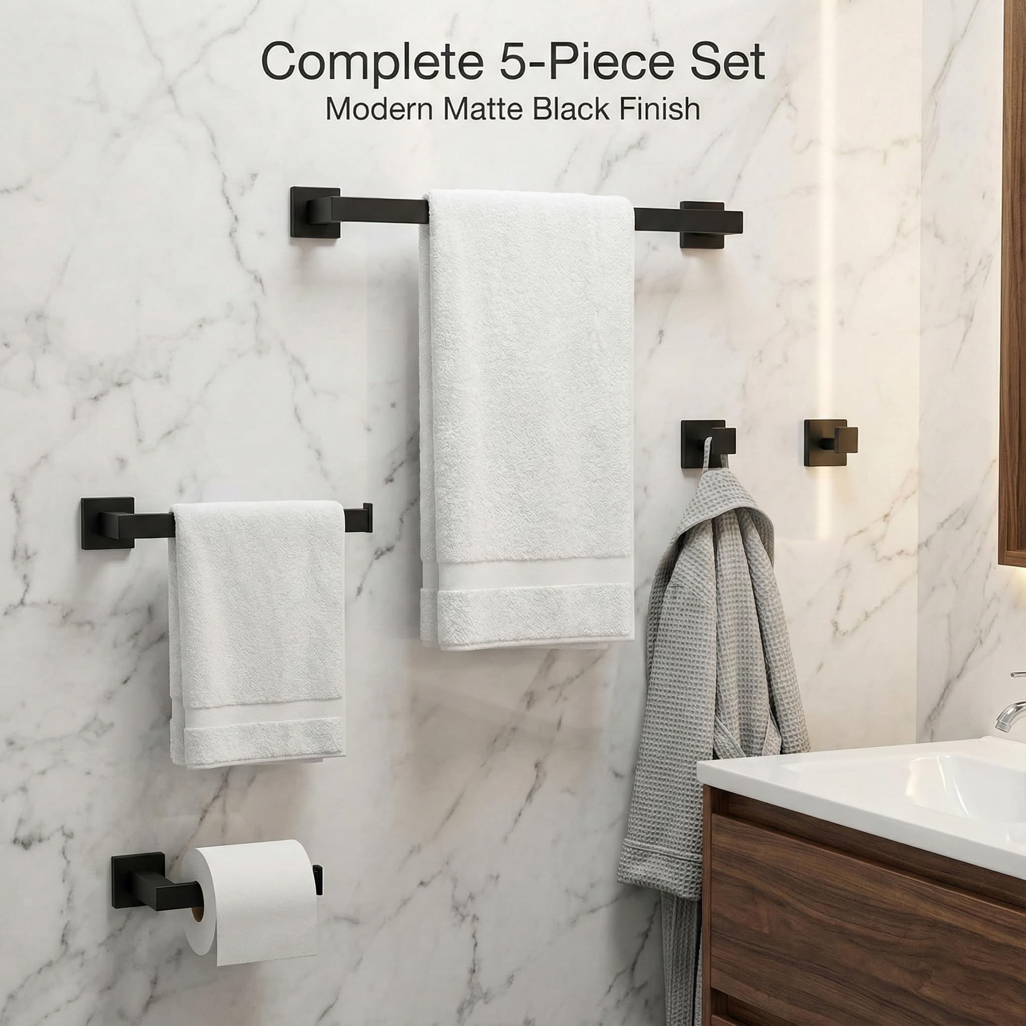 ECOClasp matte black 10-inch hand towel holder keeps sink area neat.