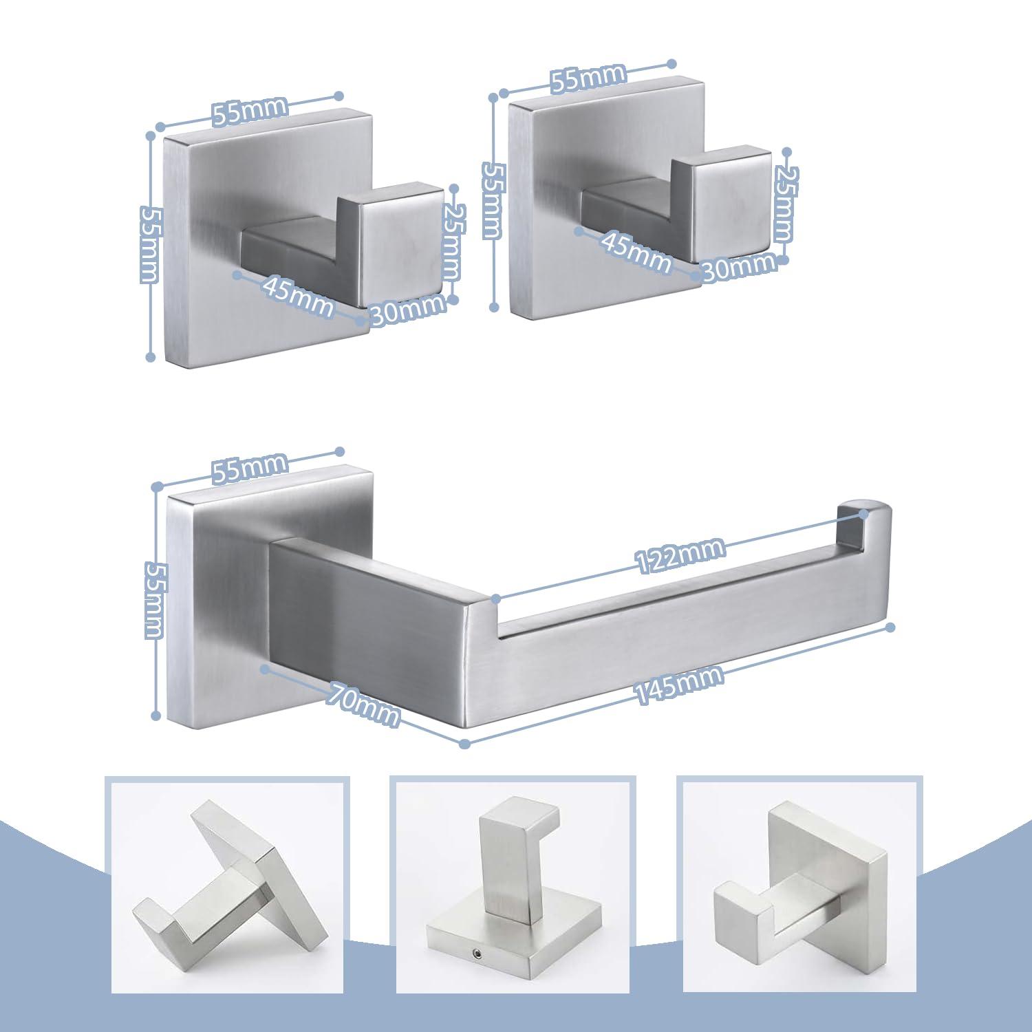 ECOClasp square-towel-hook in brushed nickel keeps towels tidy with wall mounting.