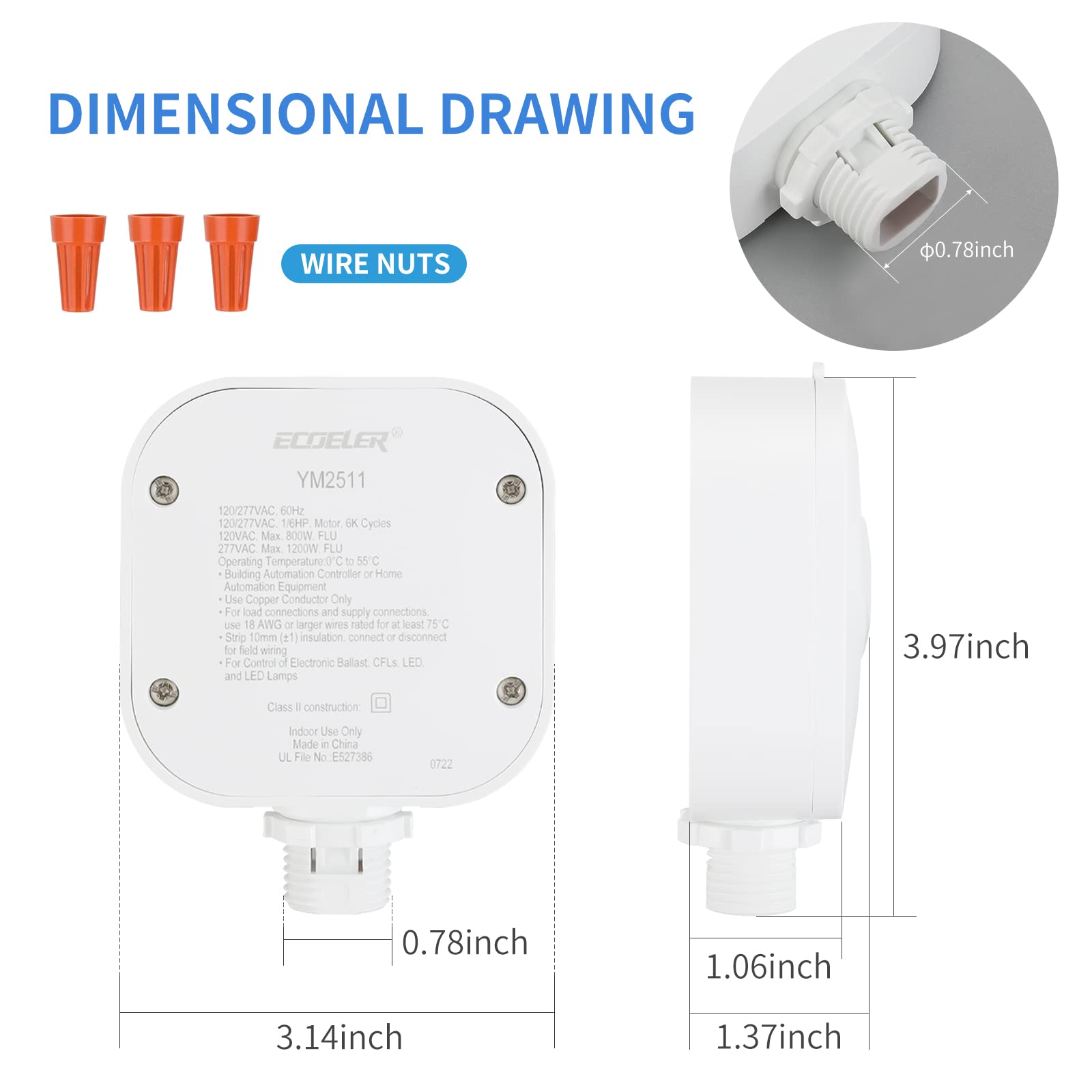 Ecoeler 120/277VAC compatibility supports LED, incandescent, and CFL lighting.
