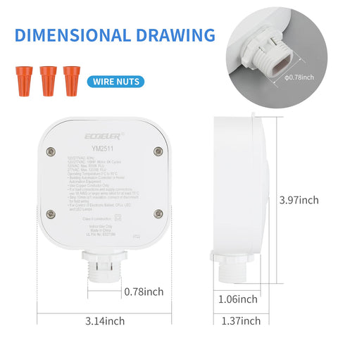 Ecoeler 120/277VAC compatibility supports LED, incandescent, and CFL lighting.