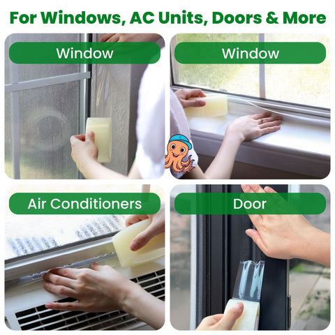ECOHomes clear window seal tape applied around a sash to block drafts.