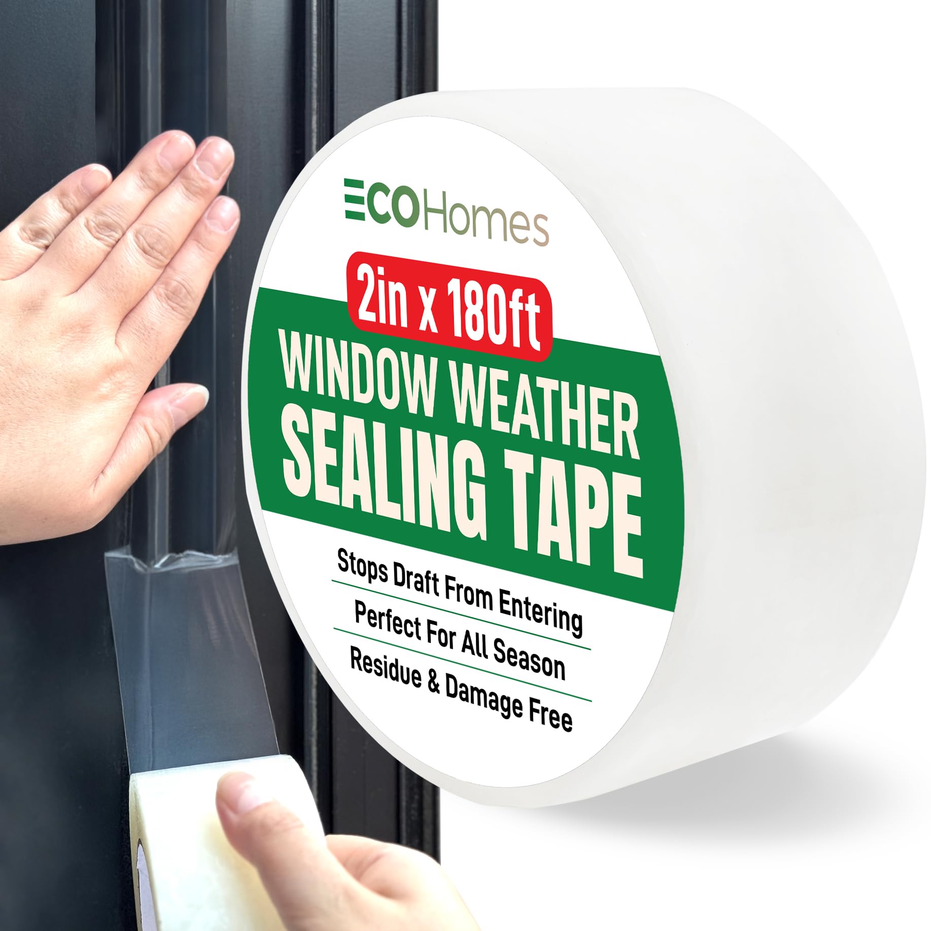 ecohomes window sealing tape roll close-up showing clear, durable draft protection for windows.