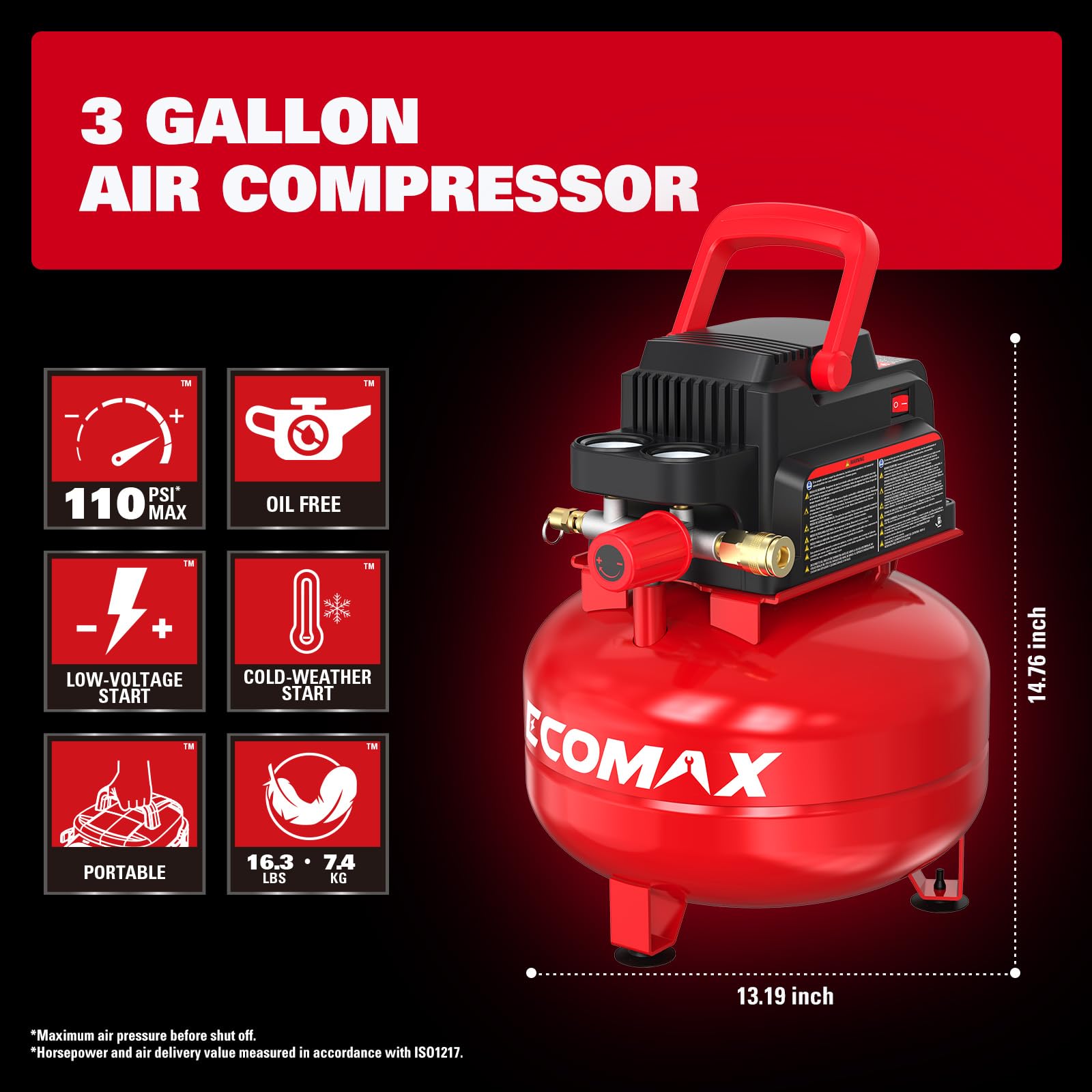 ECOMAX air compressor 3gal tire-chuck for precise tire inflation