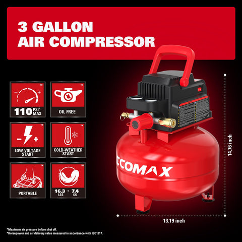 ECOMAX air compressor 3gal tire-chuck for precise tire inflation