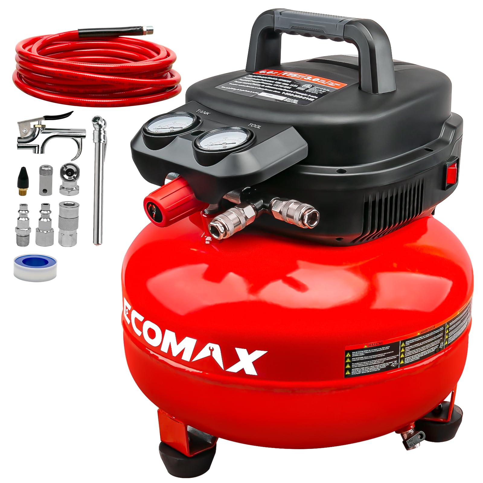 ECOMAX air compressor front view showing portable 6-gallon tank for easy transport