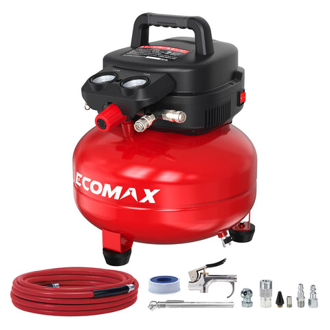 ECOMAX 6-gallon pancake compressor top view showing compact design for space-saving workshops