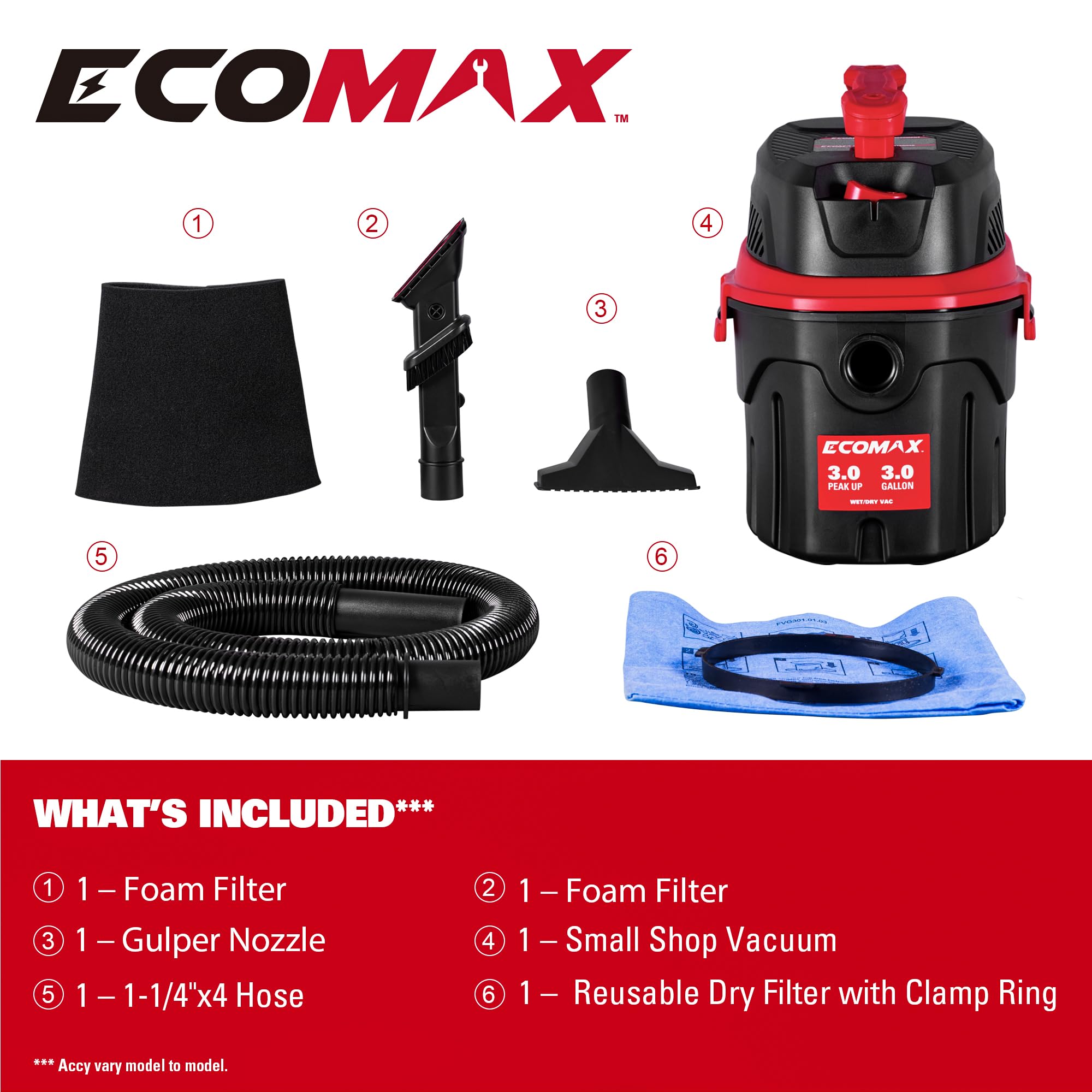 ECOMAX EM18910P-3 3-peak-hp motor powers strong suction for debris and dust