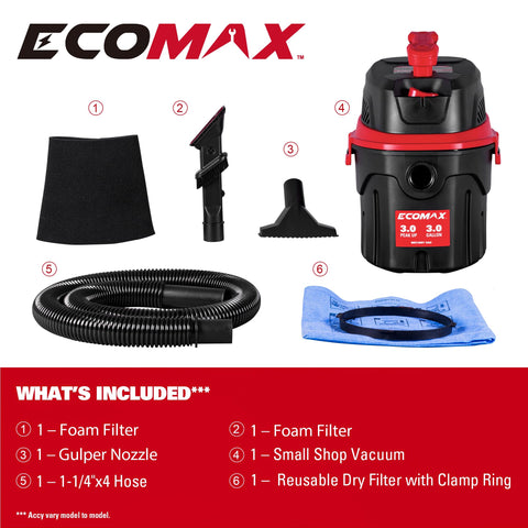 ECOMAX EM18910P-3 3-peak-hp motor powers strong suction for debris and dust