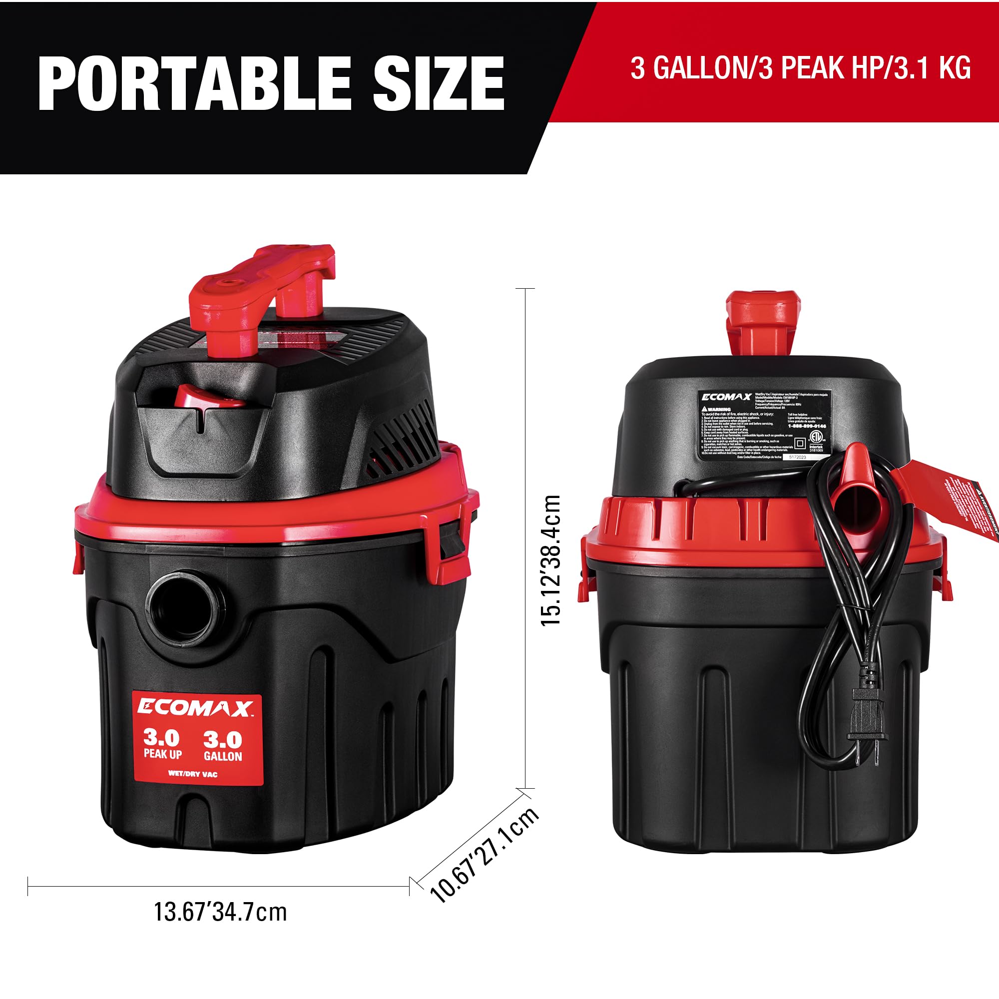 ECOMAX wet/dry vacuum delivering 80 CFM for spills and dry messes