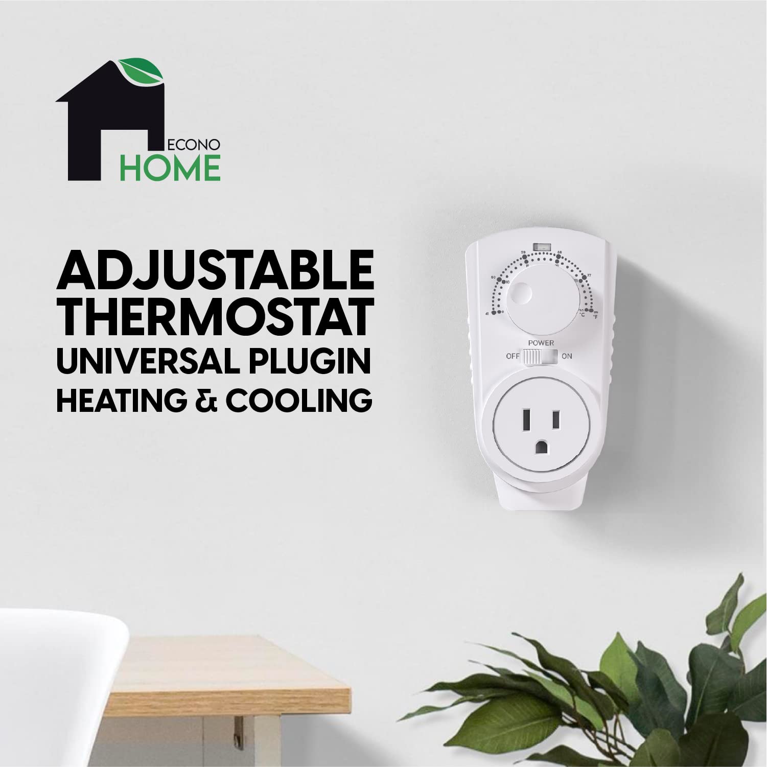 EconoHome plug-in thermostat with display shows current temperature for quick setup