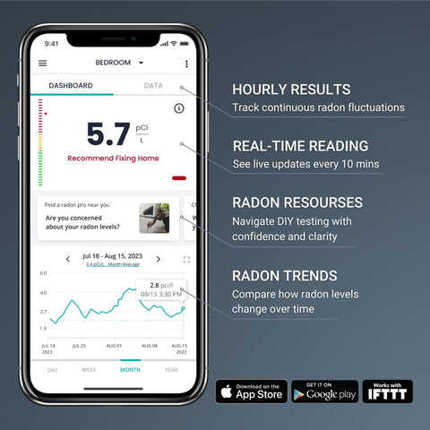 EcoQube DIY 72-hour radon test workflow in the app