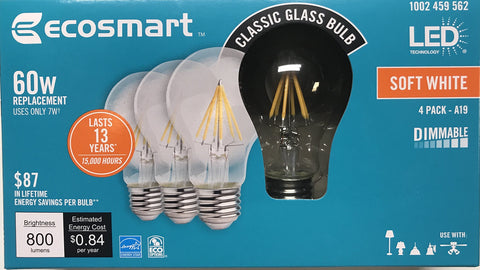 EcoSmart 60W LED soft white vintage A19 bulbs in a 4-pack for energy-efficient warm lighting.
