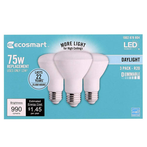 EcoSmart 75W equivalent R20 dimmable LED daylight bulb front view for bright rooms