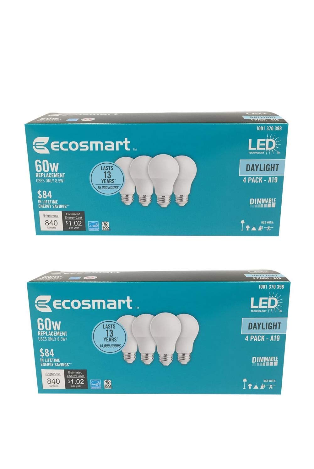 EcoSmart 8-pack daylight A19 LED bulb for energy savings and bright, even illumination