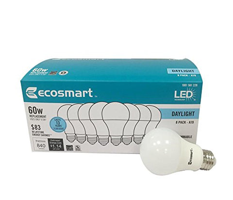 EcoSmart 8-pack A19 LED bulbs for daylight illumination and energy savings