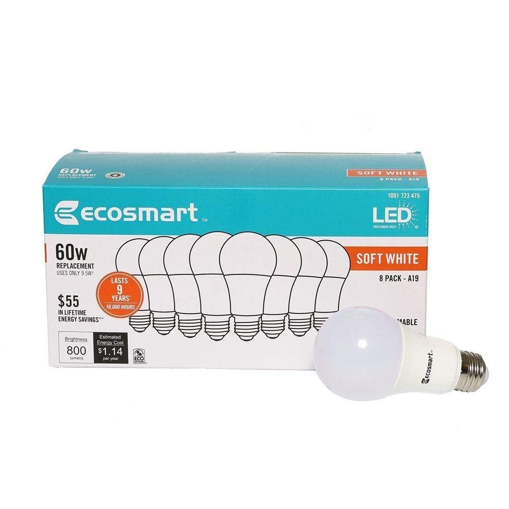 EcoSmart 9.7W LED A19 soft white bulb, 8-pack, ideal for indoor ambient lighting.