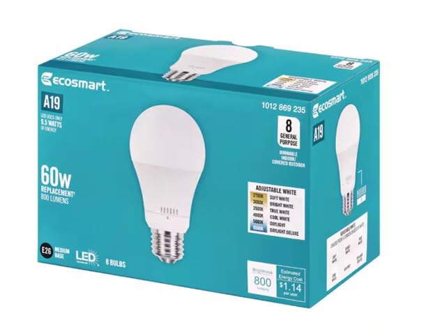 EcoSmart A19 LED bulb with selectable color temperature for customizable mood lighting.