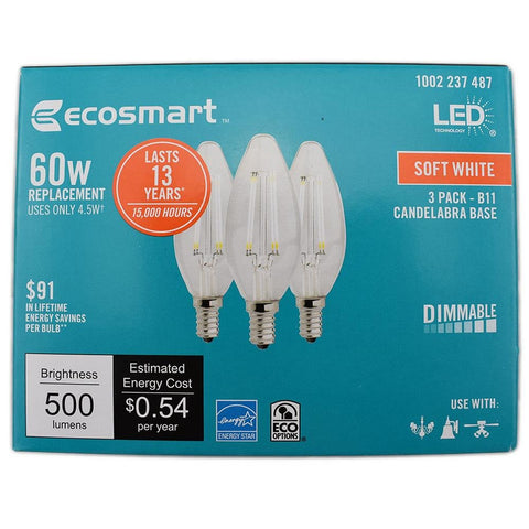 EcoSmart B11 filament close-up showing vintage-inspired glass glow