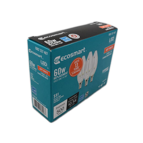 EcoSmart B11 filament LED bulb emits a soft white glow for cozy interiors