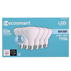 EcoSmart BR30 daylight dimmable bulb six-pack, front view in a living lamp.