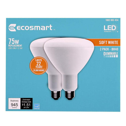 EcoSmart BR40 LED soft white front view for energy-efficient lighting in living spaces.