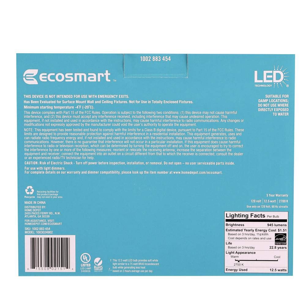 EcoSmart BR40 LED soft white side view ideal for recessed cans and track lighting.