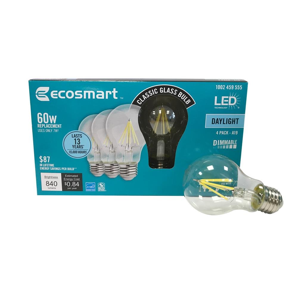 EcoSmart daylight A19 bulb provides 840 lumens for bright living room lighting.