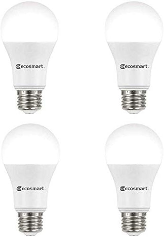 EcoSmart LED daylight A19 bulbs 4-pack illuminate kitchens and bathrooms with energy-efficient brightness.