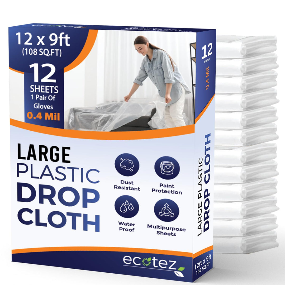 Ecotez 12-pack drop cloth 12x9 ft offers oversized floor protection during painting projects.