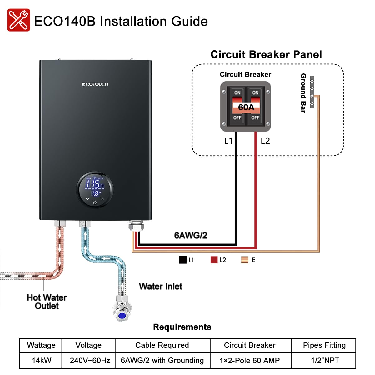 ECOTOUCH ECO140B unit near shower area illustrates instant hot water readiness.