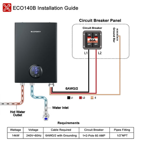 ECOTOUCH ECO140B unit near shower area illustrates instant hot water readiness.