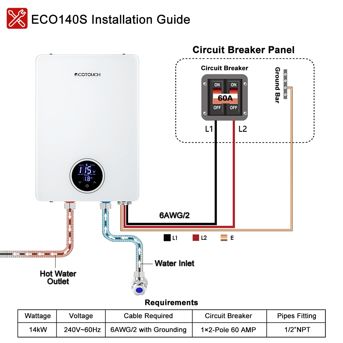 ECOTOUCH ECO140S energy-savings graphic suggests lower electricity use versus traditional tanks.