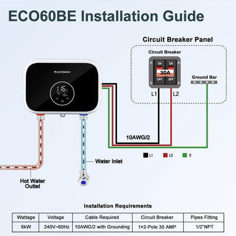 ECOTOUCH straightforward under-sink installation with 1/2 inch NPT fittings.