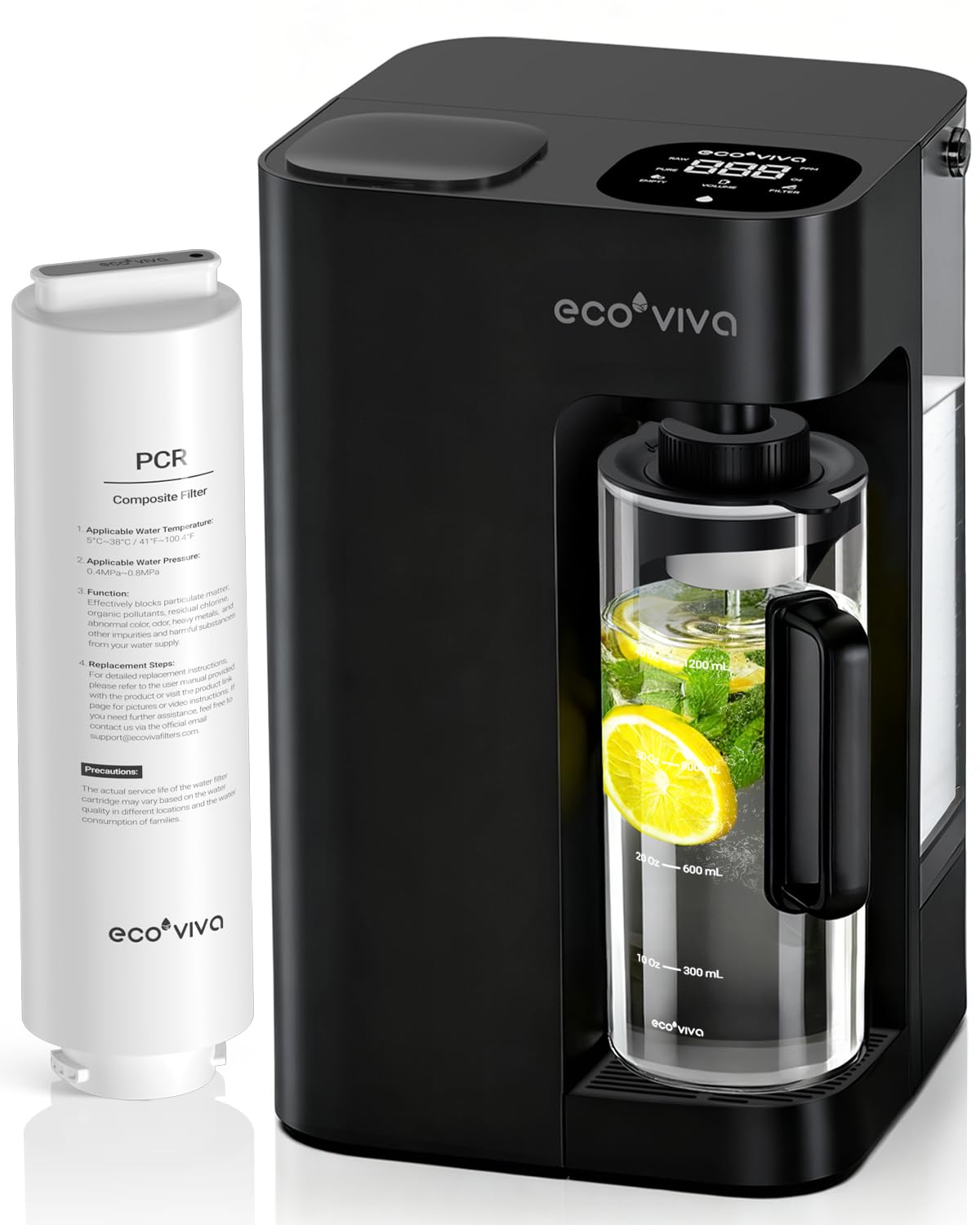 ecoviva water Mate 3 countertop RO system with precise kettle measurement for easy filling.
