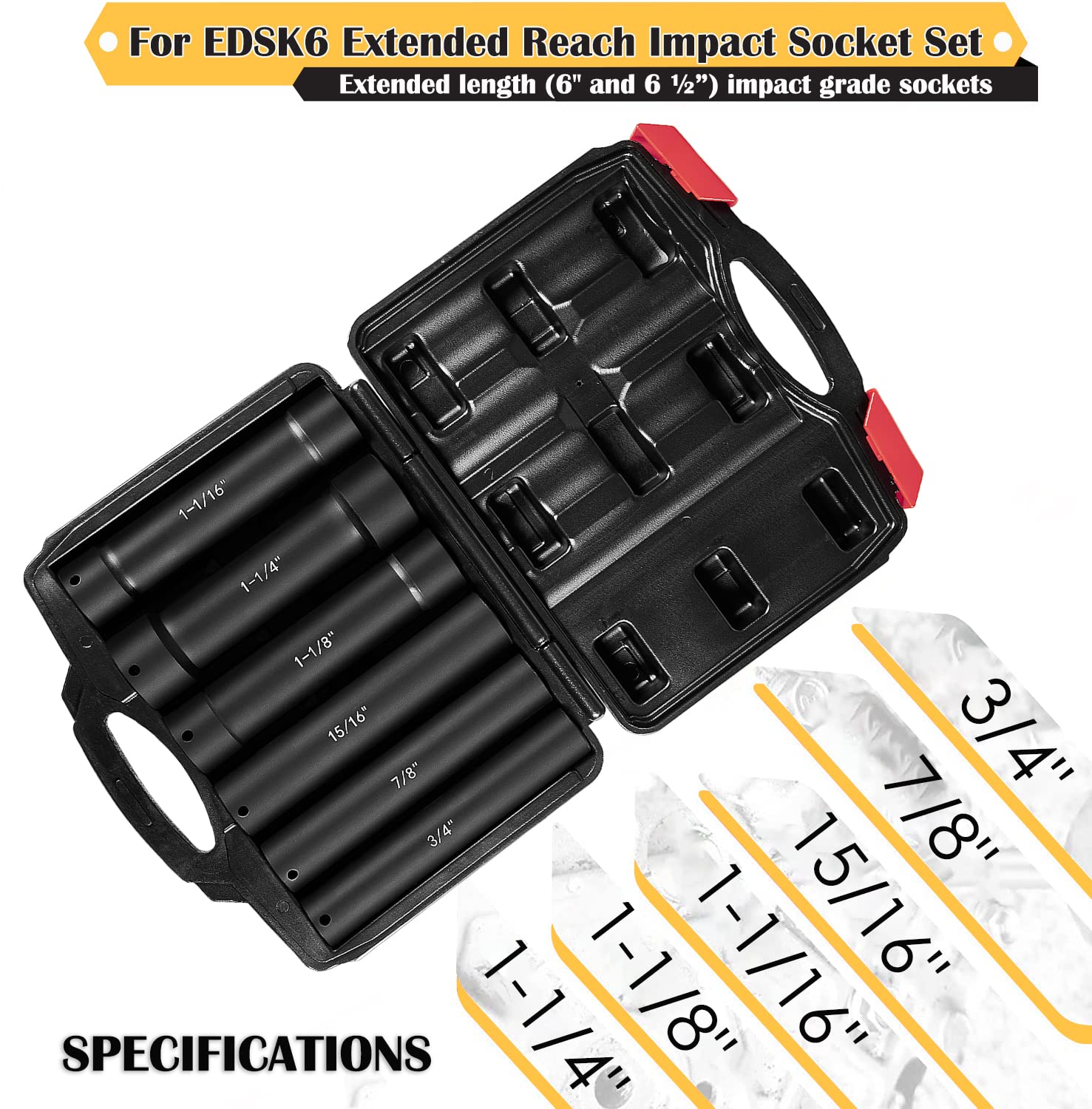 Sockets range from 3/4 to 1-1/4 inch for deep bolts.