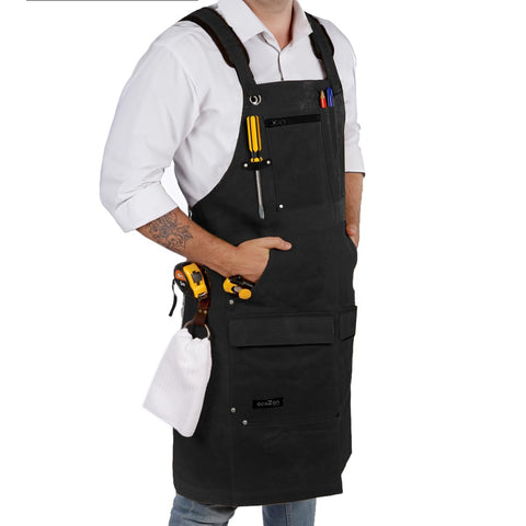 ecoZen Lifestyle men's carpenter apron front view highlights durable waxed canvas for shop use