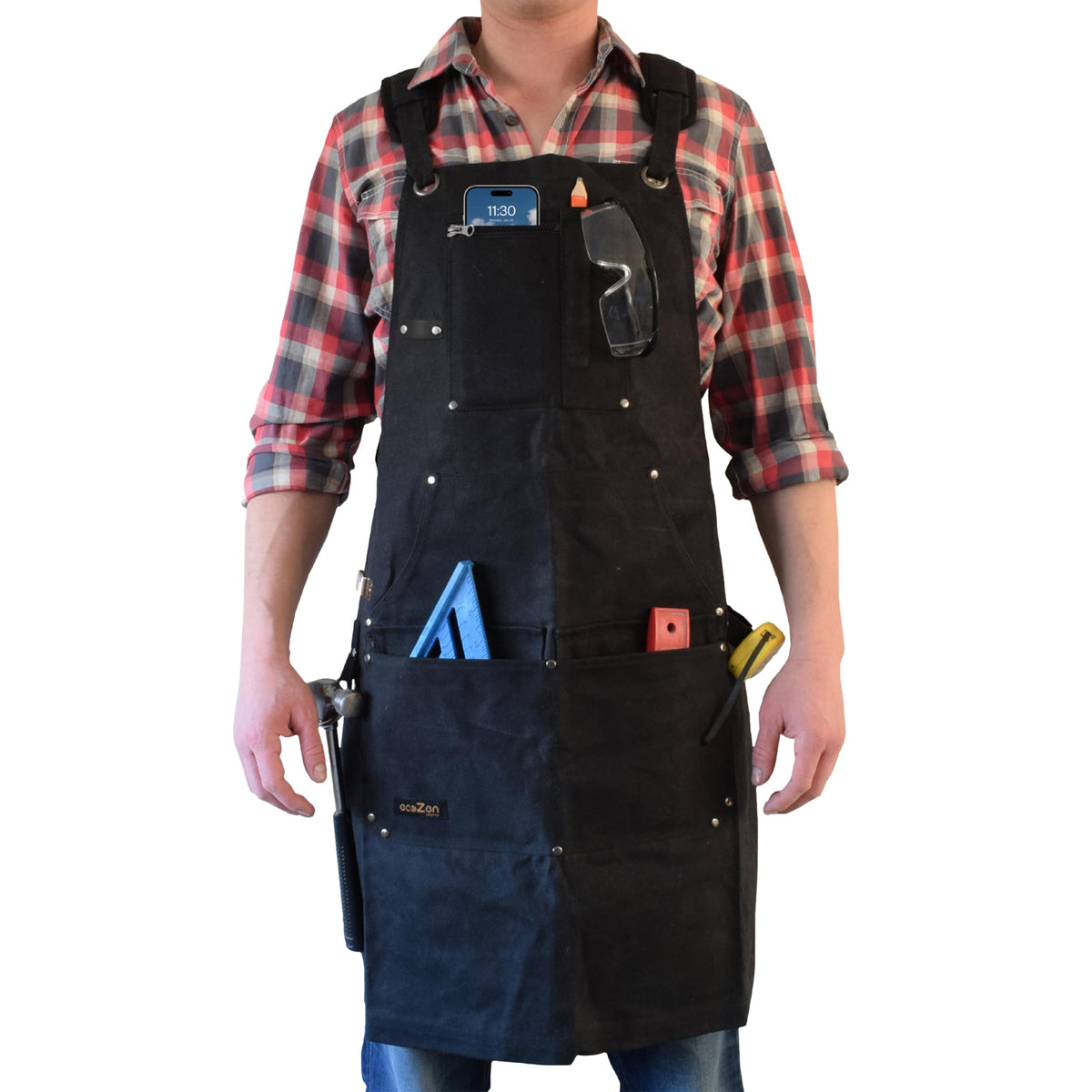 EcoZen waxed canvas welding apron front view shows length and tool pockets