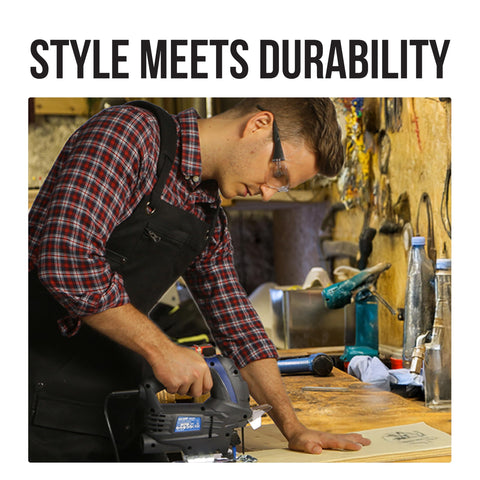 EcoZen welding apron side view highlights adjustable straps for comfort