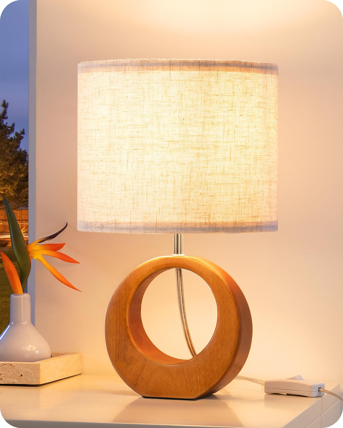 EDISHINE 13.4-inch table lamp with wood base, stable bedside lighting