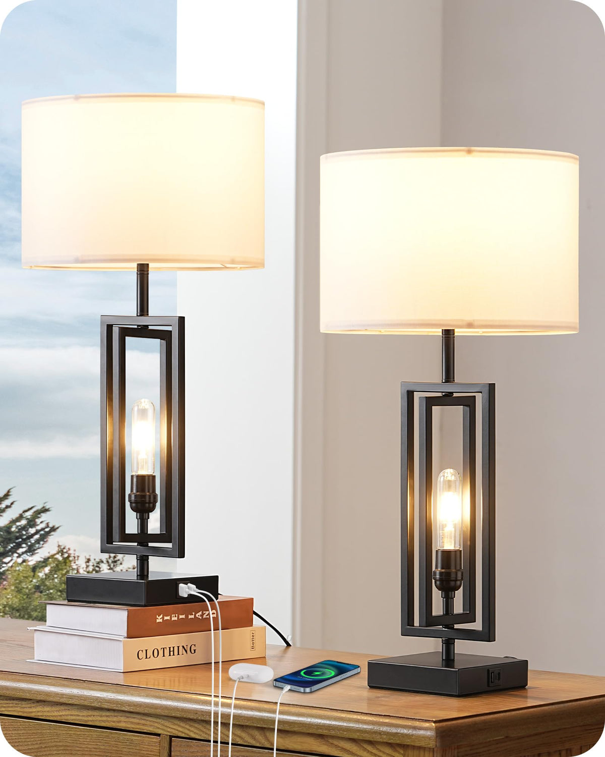 EDISHINE 25.6 inch tall table lamp with night light for bedside ambiance