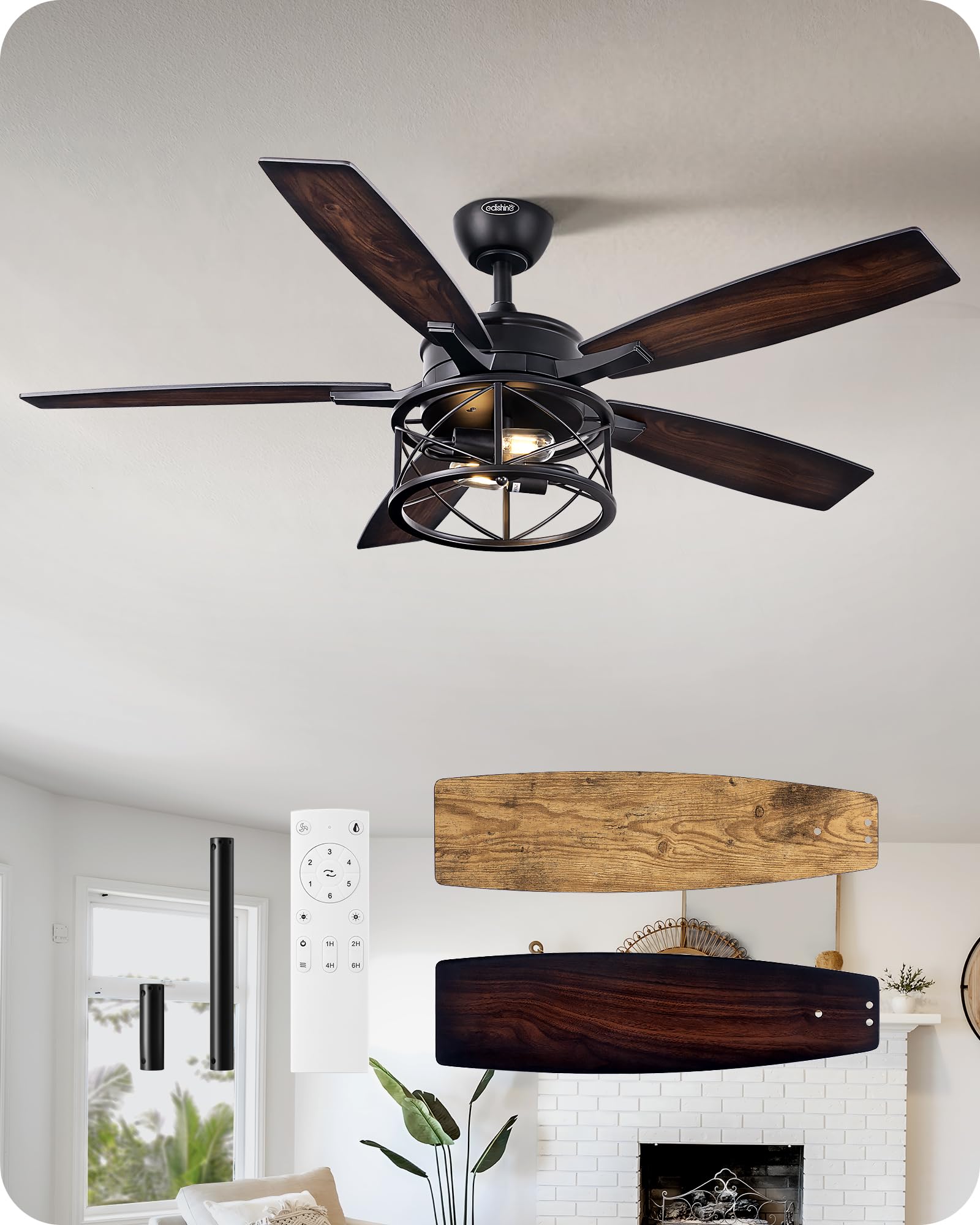 EDISHINE 52-inch farmhouse ceiling fan with lights in rustic living room for year-round comfort.