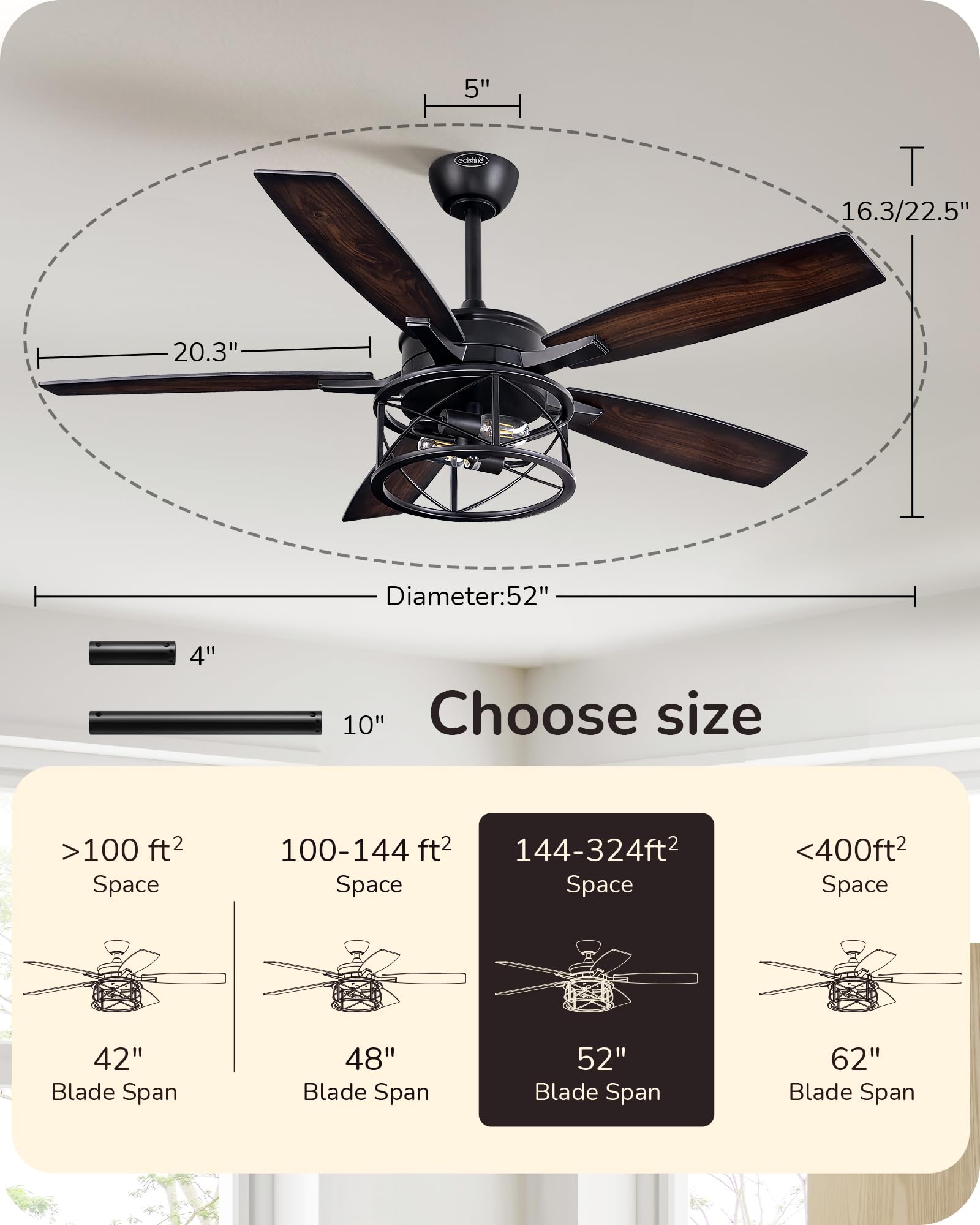 EDISHINE adjustable down rods for 52-inch fan on varying ceilings.
