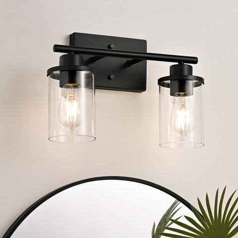 EDISHINE 2-light vanity fixture in matte black with clear glass shades for bright bathroom lighting
