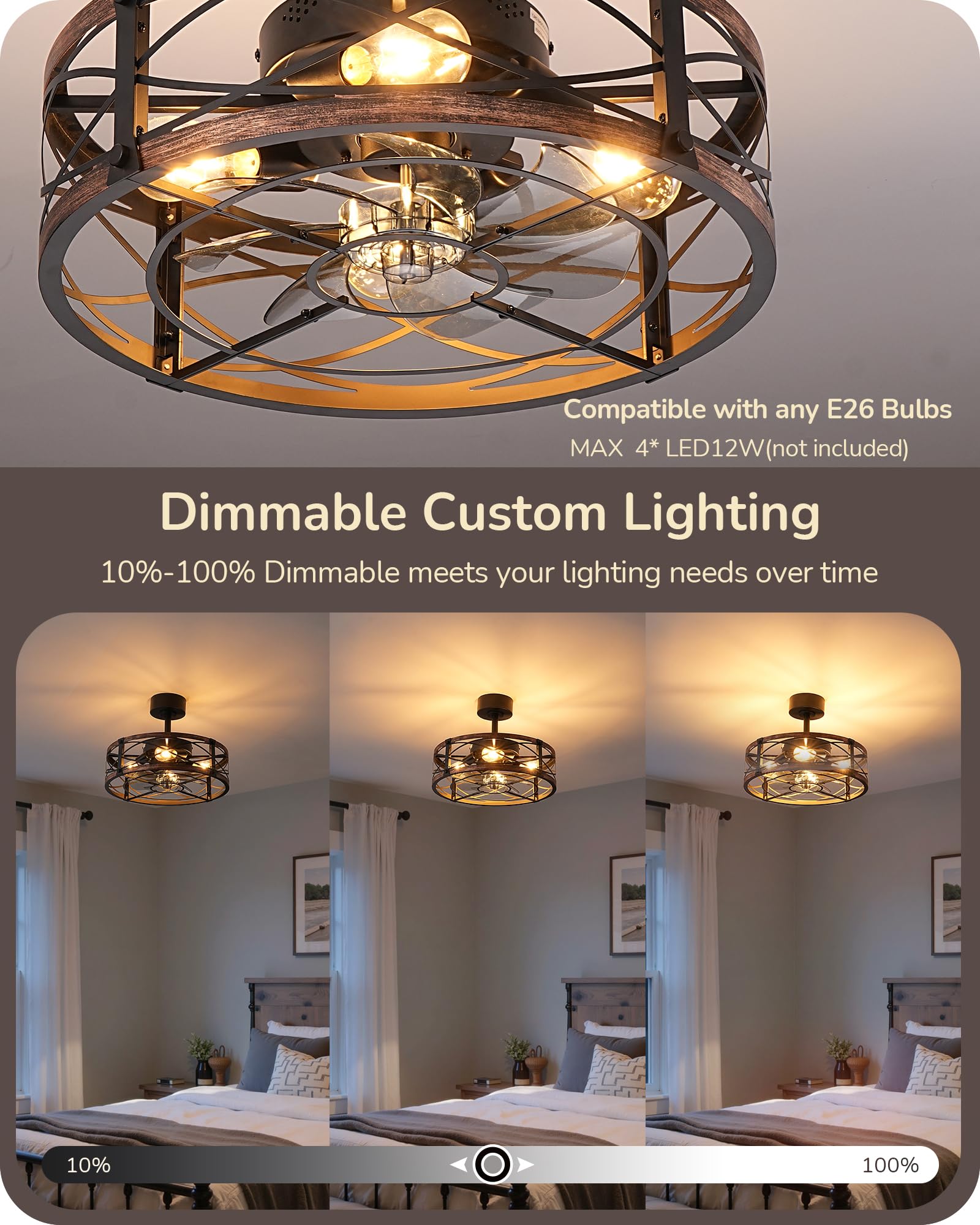 EDISHINE caged ceiling fan with concealed blades and quiet DC motor