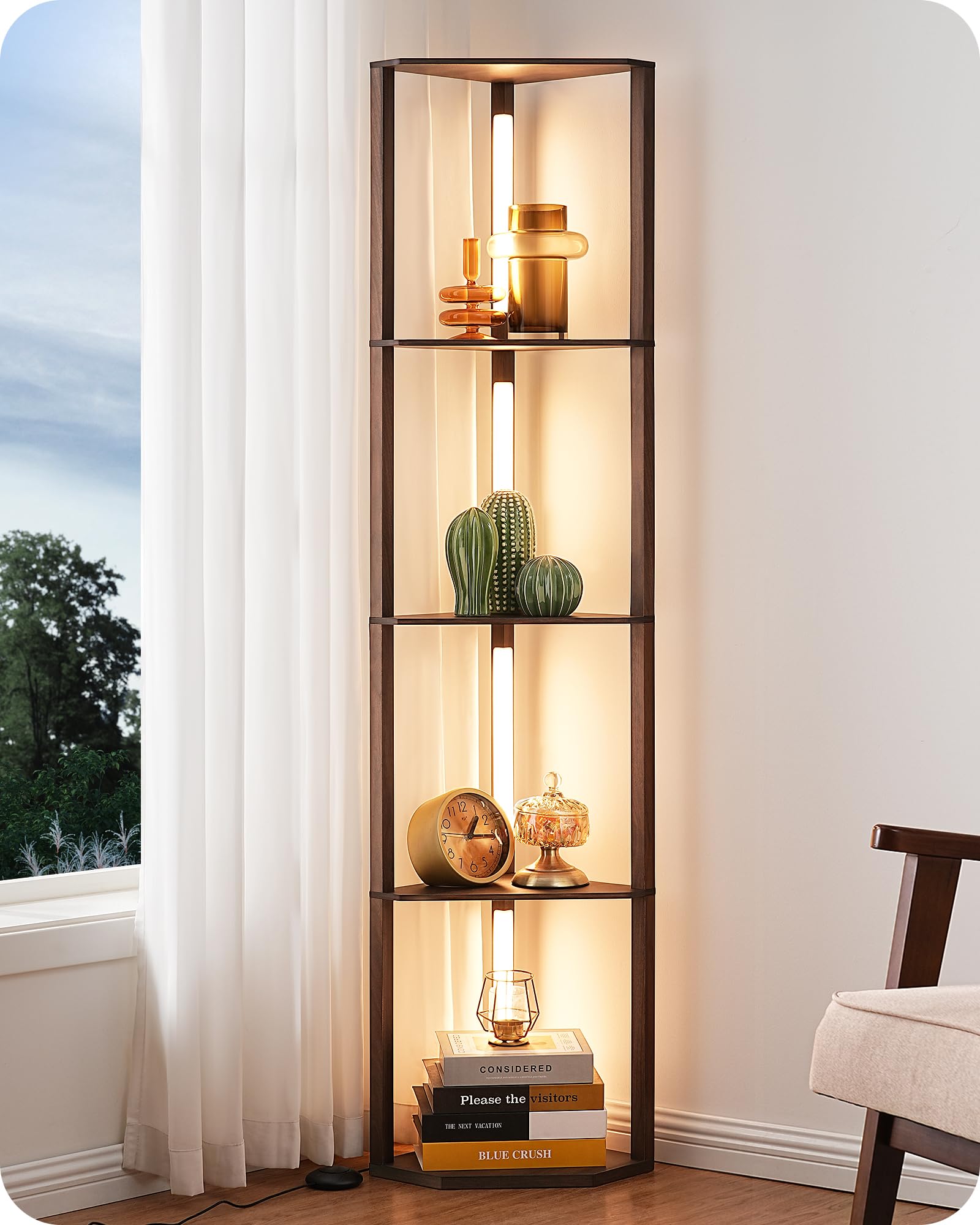 EDISHINE dimmable LED floor lamp with walnut shelves in corner for space optimization.