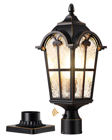 EDISHINE dusk-to-dawn post light front view with water ripple glass for curb appeal